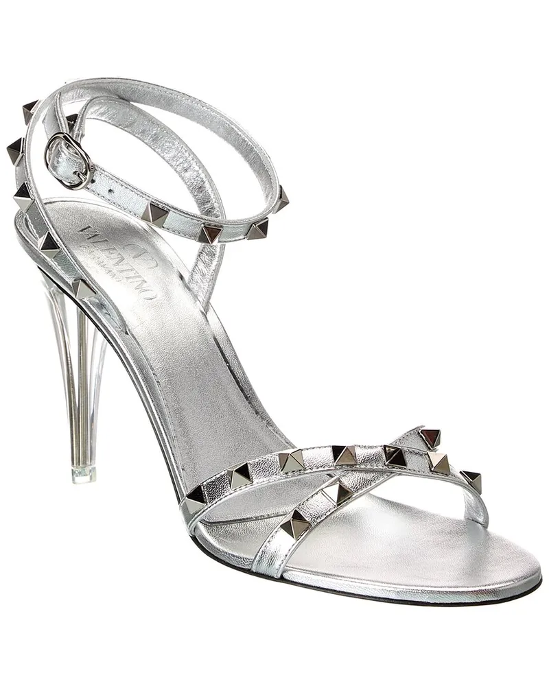 Valentino Garavani Rockstud 90 Leather Sandal Silver