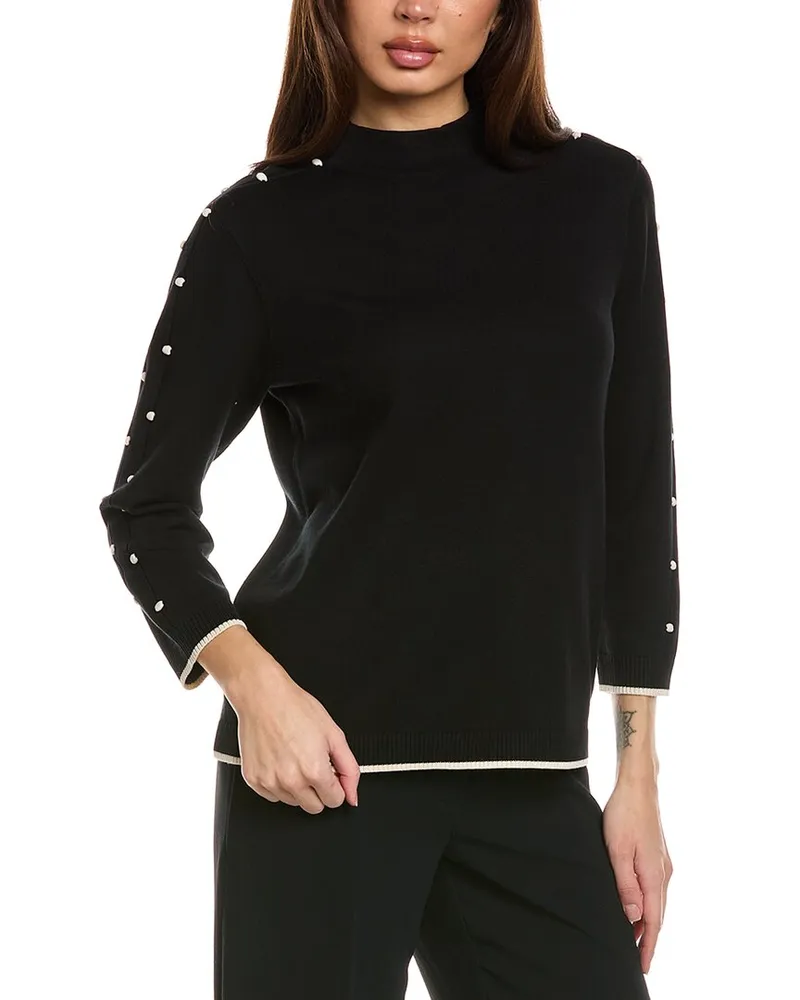 ST. JOHN Bobble Intarsia Pointelle Knit Mock Neck Sweater Black