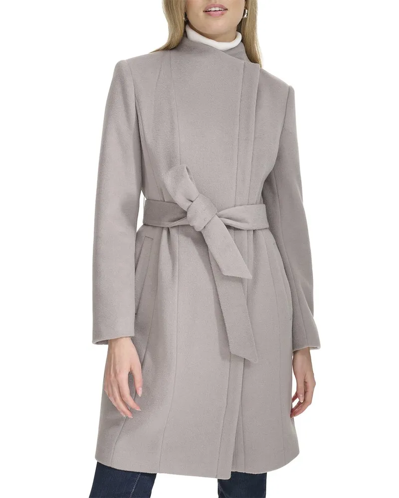 COLE HAAN Molded Collar Belted Wool-Blend Coat Grey