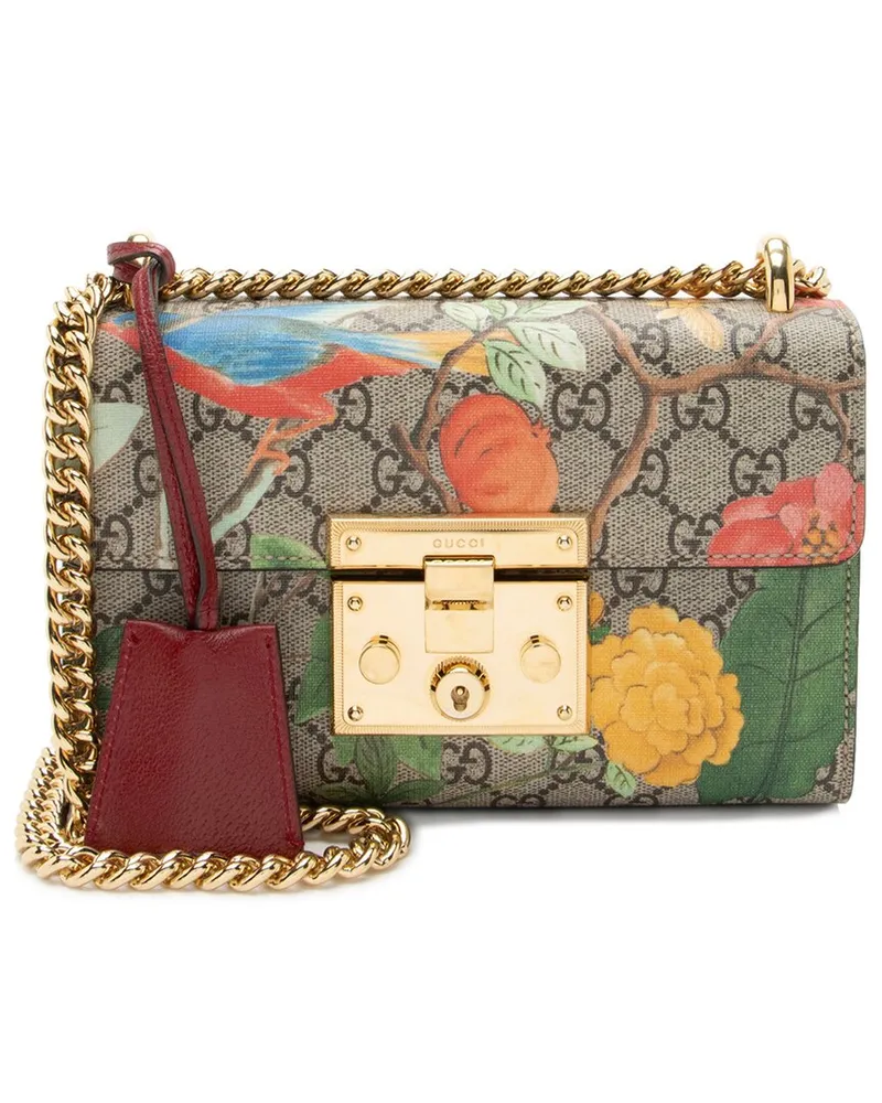 Gucci Brown, Red Coated Canvas & Leather Tian Padlock Small Shoulder Bag  (Authentic Pre-Loved Nocolor