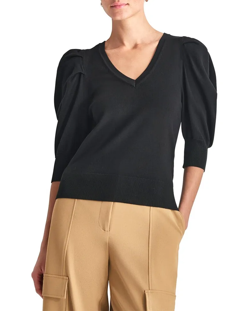 DKNY V-Neck Puff Sleeve Sweater Black