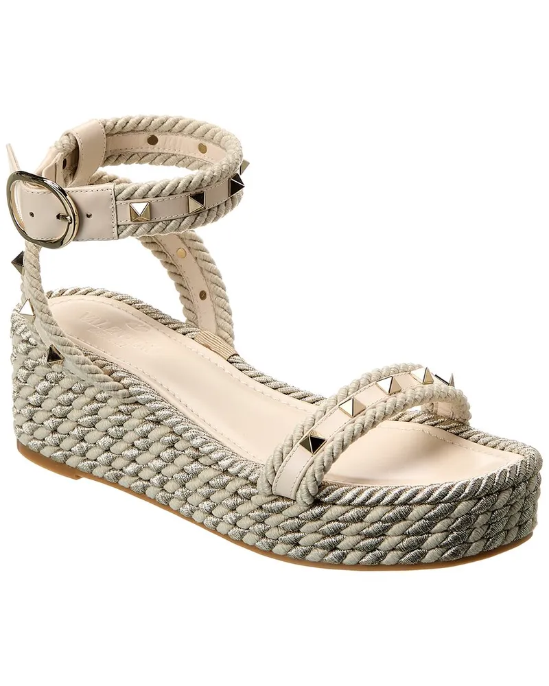 Valentino Garavani Rockstud 45 Rope & Leather Wedge Sandal White