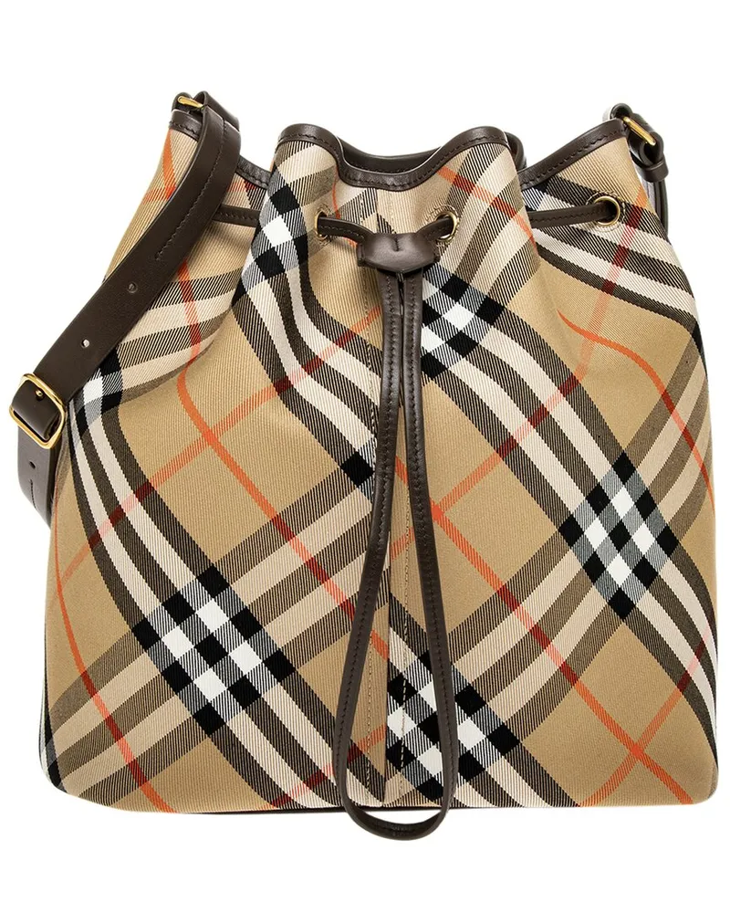 Burberry Check Medium Leather-Trim Bucket Bag Beige
