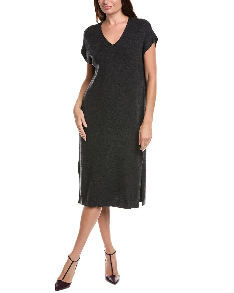 Eileen Fisher Petite V-Neck Wool Sweaterdress Grey