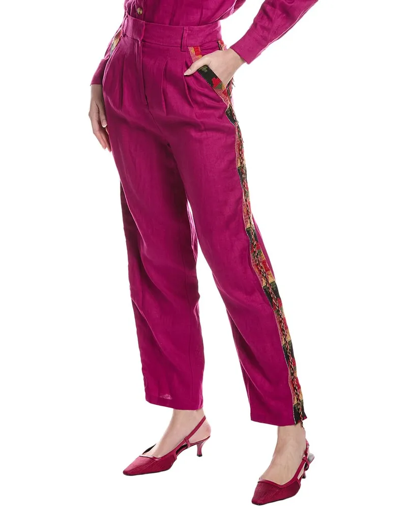 FARM Rio Beaded Fringe Linen Carrot Pant Pink