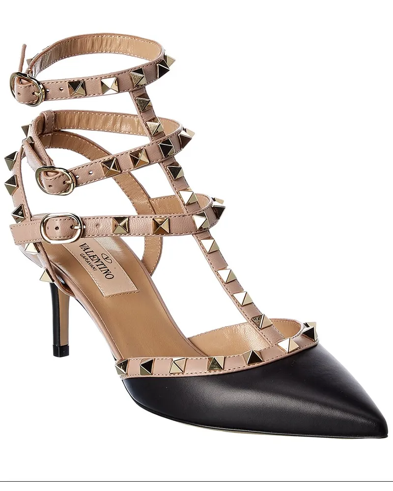 Valentino Garavani Rockstud Caged 65 Leather Ankle Strap Pump Black