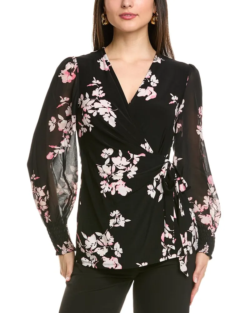 Anne Klein Smocked Sleeve Wrap Top Black