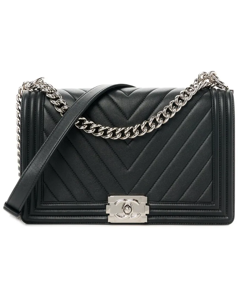 Chanel Black Lambskin Chevron Quilted Leather New Medium Boy Flap (Authentic  Pre-Loved Nocolor
