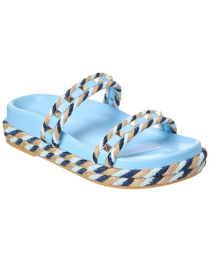 Valentino Garavani Rockstud 20 Leather & Rope Sandal Blue