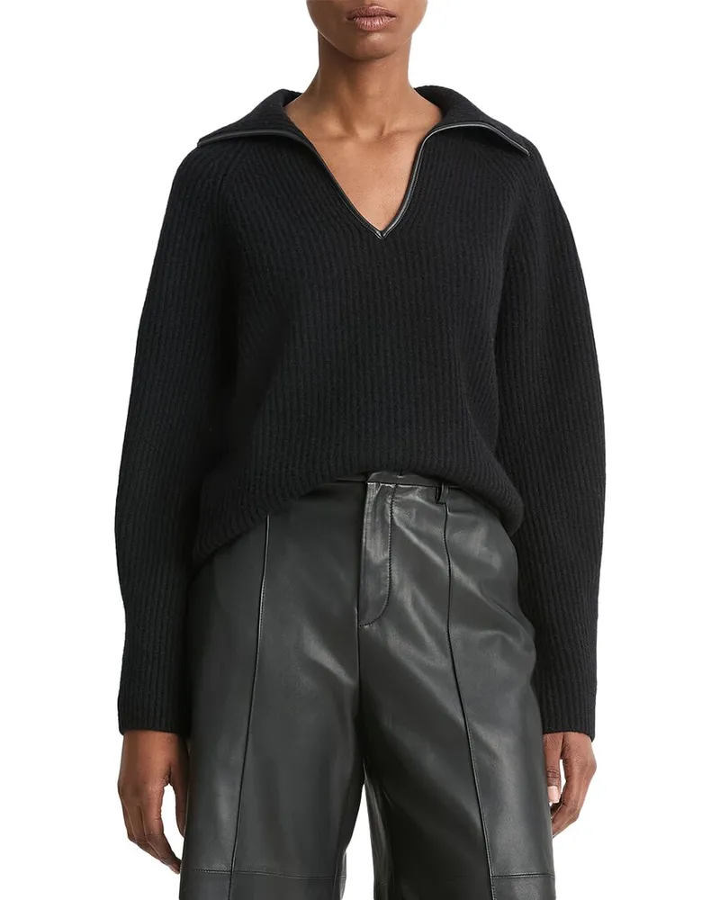 Vince Leather Trim Ribbed Wool & Cashmere-Blend Polo Shirt Nocolor