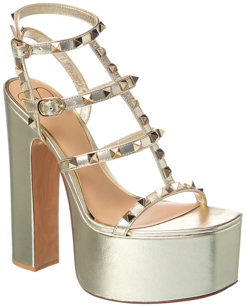Valentino Garavani Rockstud Caged 155 Leather Ankle Strap Platform Sandal Gold