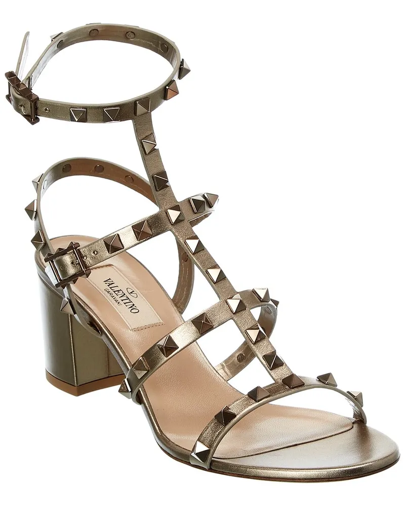 Valentino Garavani Rockstud Caged 60 Leather Ankle Strap Sandal Gold