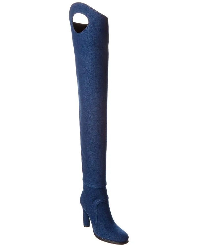 Burberry Wader Porthole Detail Topstitched Denim Boot Blue