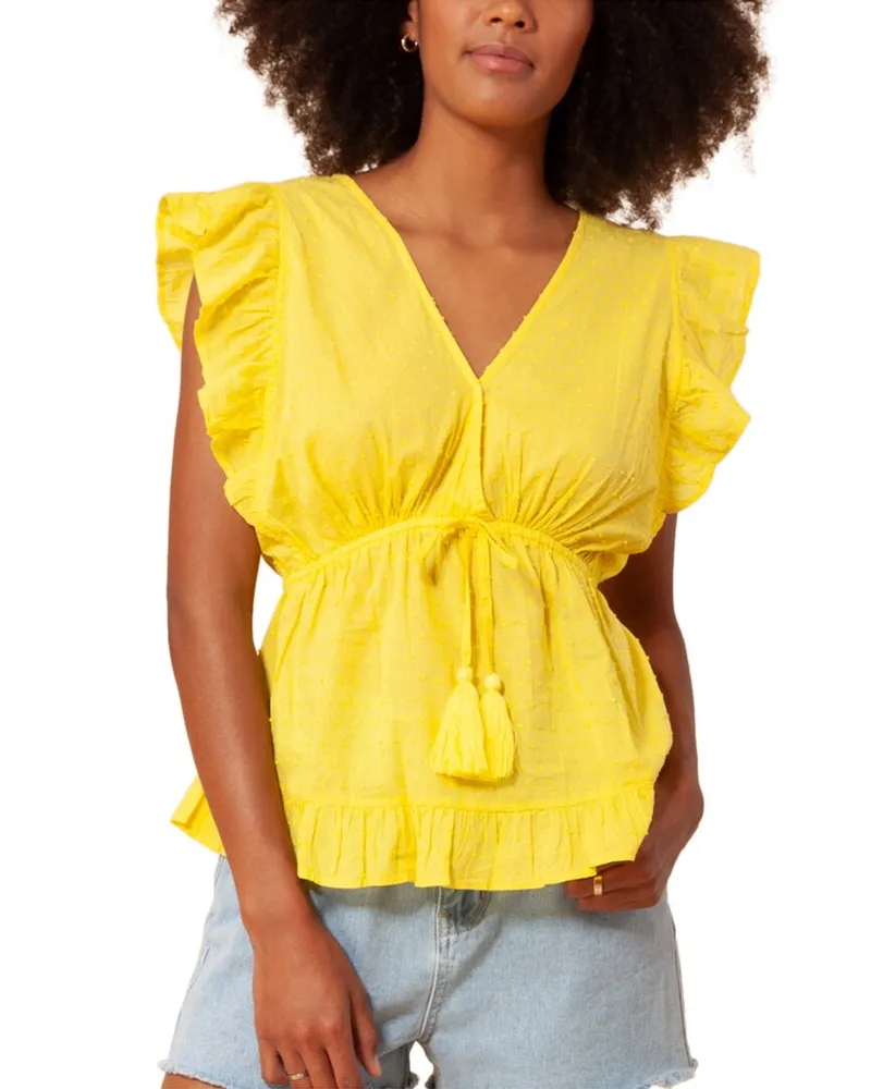 Hale Bob Cap Sleeve Solid Crop Top Yellow