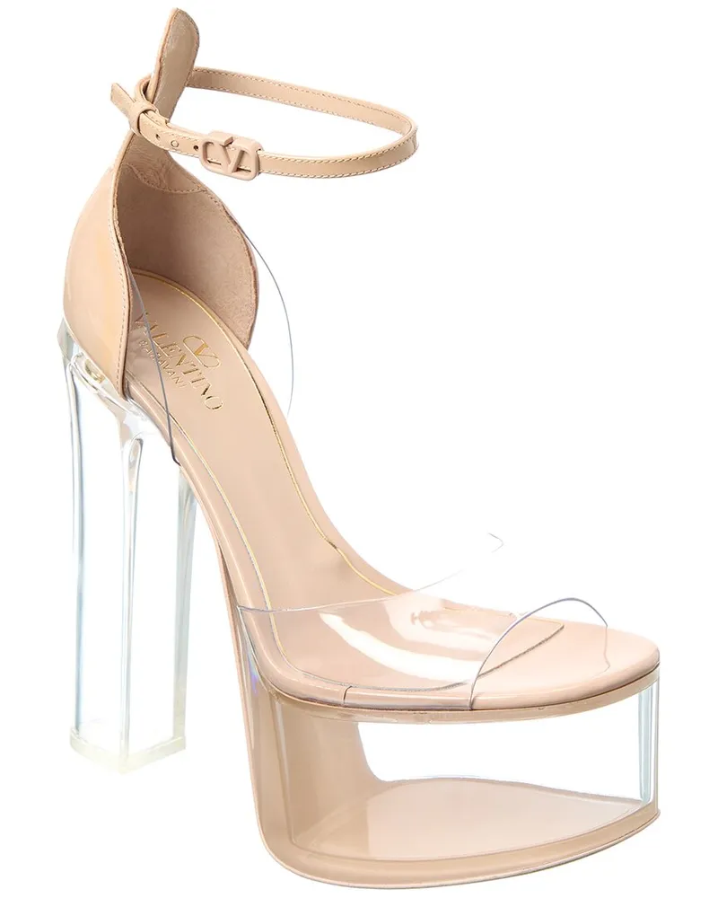 Valentino Garavani VLogo 155 Patent & Vinyl Platform Sandal Beige