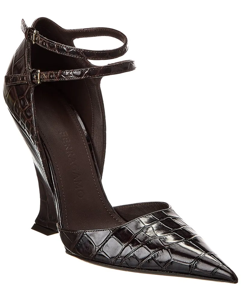 Ferragamo Vidya Croc-Embossed Leather Wedge Pump Nocolor