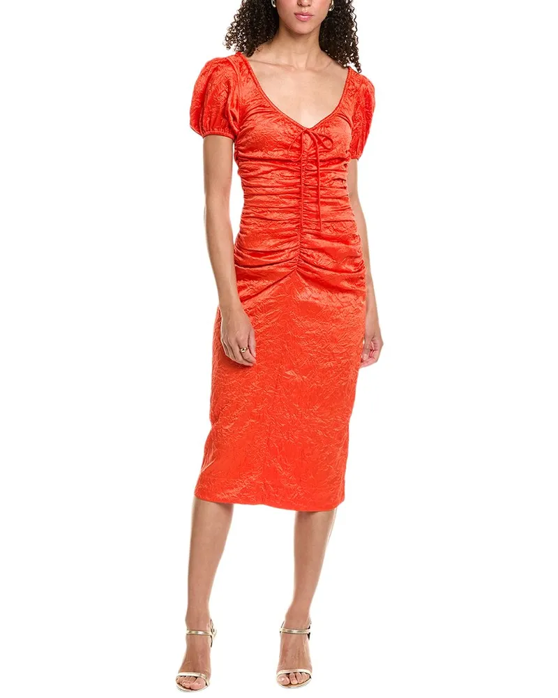 Ganni Crinkled Satin Gathered U-Neck Midi Dress Red