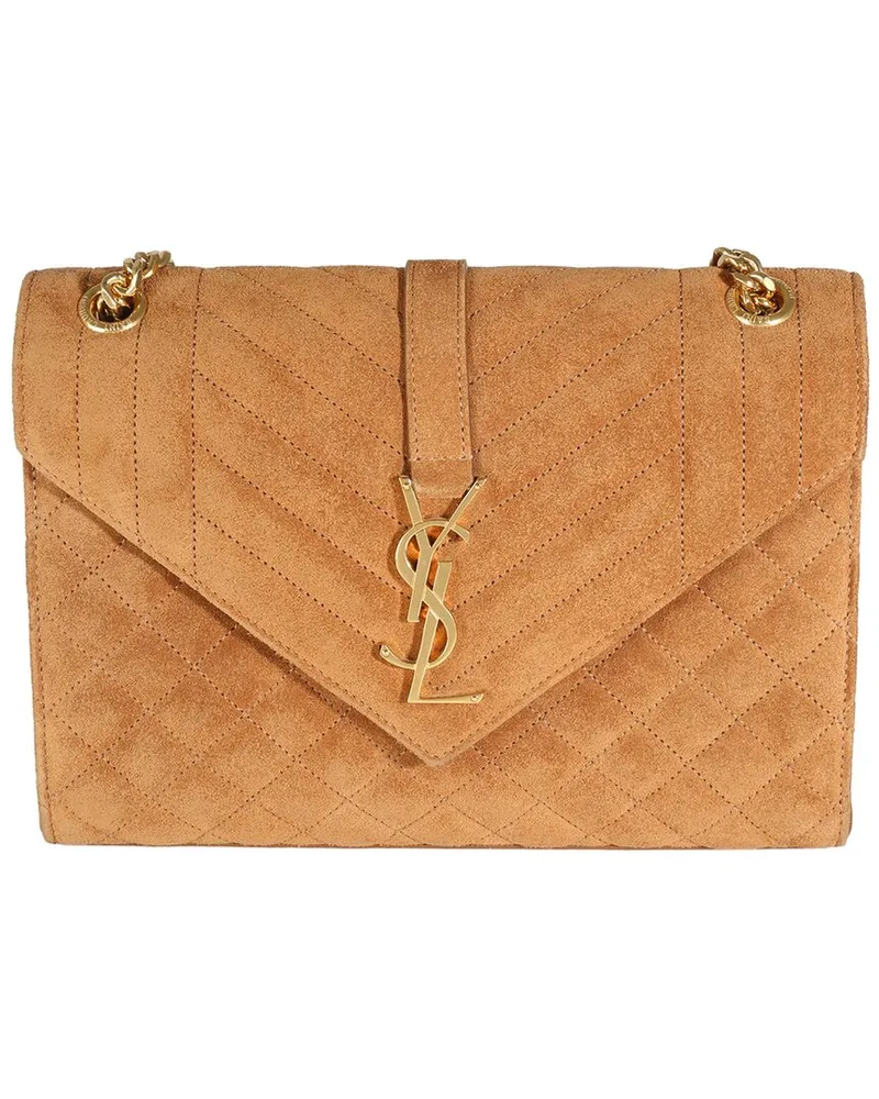 Saint Laurent Brown Suede Mixed Triquilt Small Monogram Envelope Flap Bag  (Authentic Pre-Loved Nocolor
