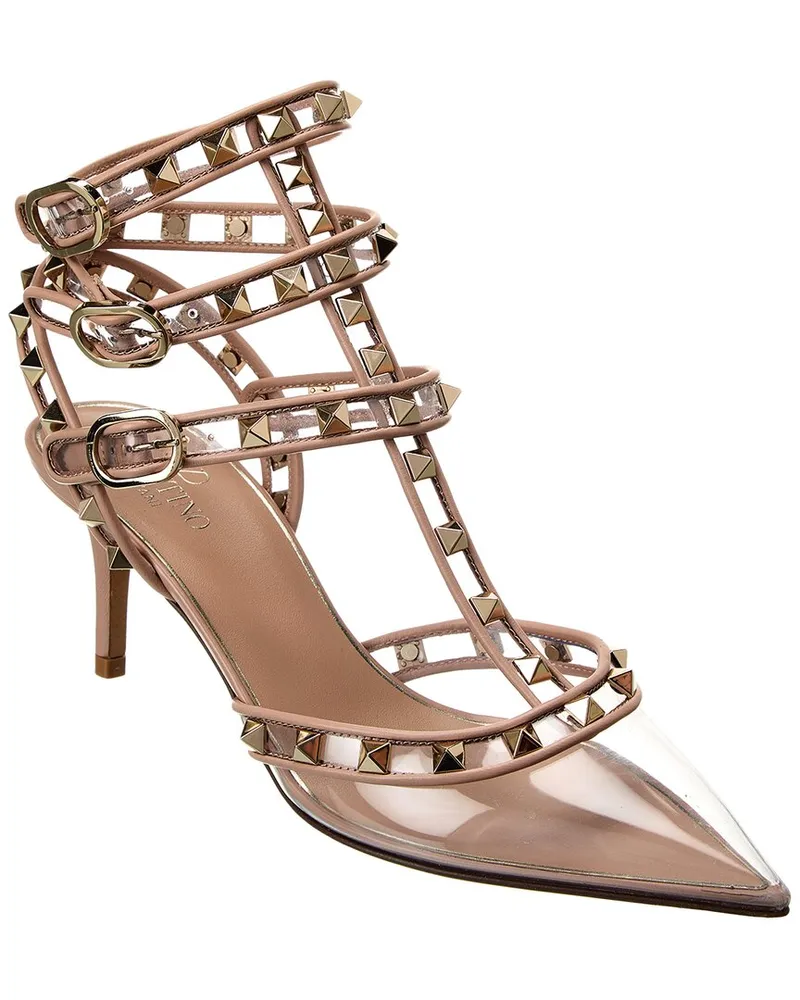 Valentino Garavani Rockstud Caged 65 Leather & Vinyl Ankle Strap Pump Pink