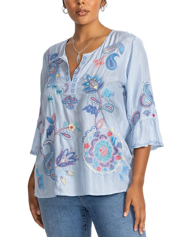 Johnny Was Plus Ruffle Sleeve Silk Blouse Blue