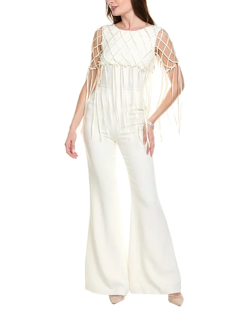 Saloni Heavy Crepe Silk-Trim Jumpsuit White