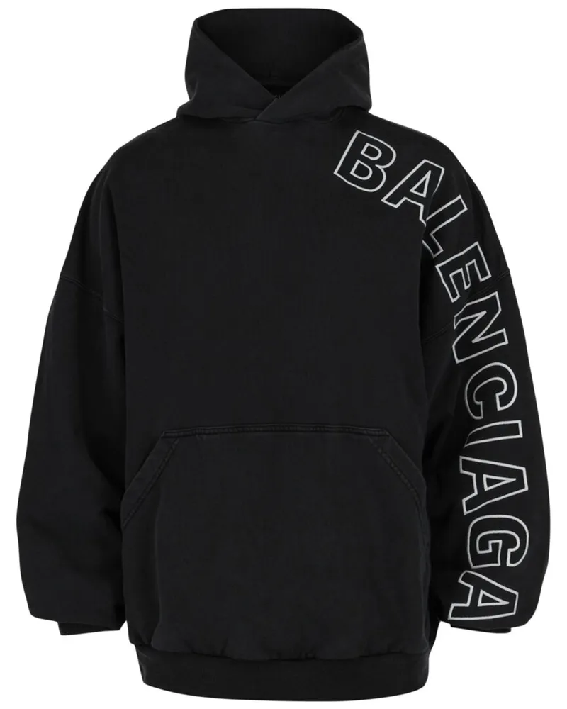 Balenciaga Logo Embroidered Oversized Hoodie Black