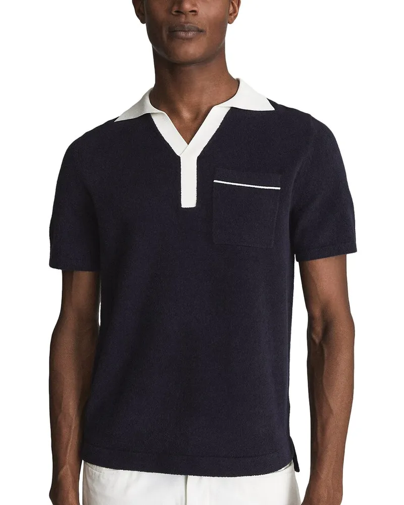 Reiss Maya Open Collar Velour Polo Blue