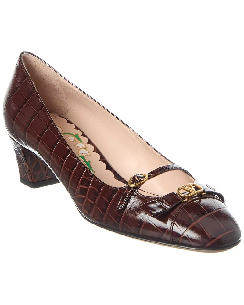 Valentino Garavani Bowow 45 Croc-Embossed Leather Pump Brown