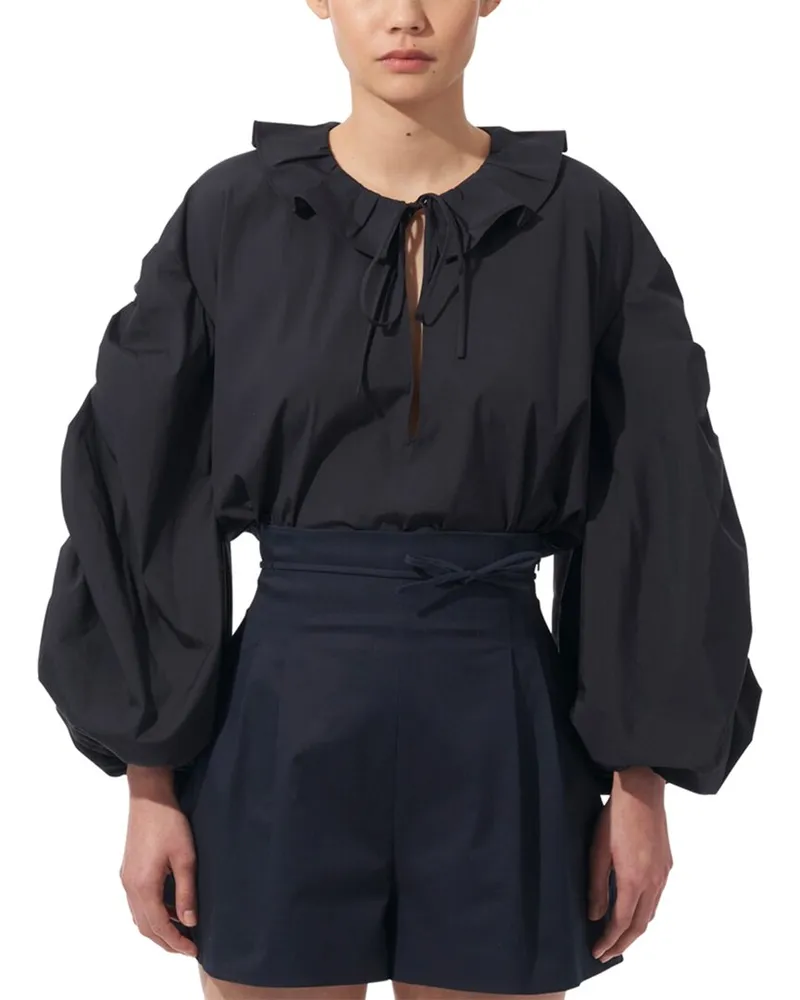 Carolina Herrera New York Neck Ruffle Shirred Puff Sleeve Blouse Blue