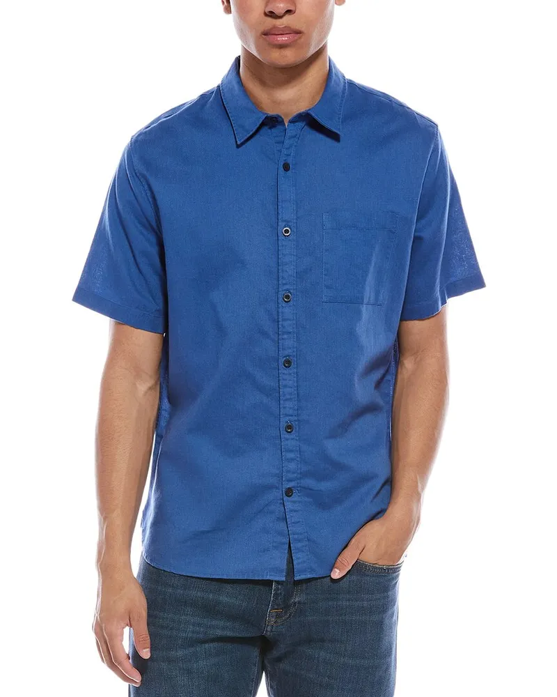Vince Linen-Blend Button-Down Shirt Blue