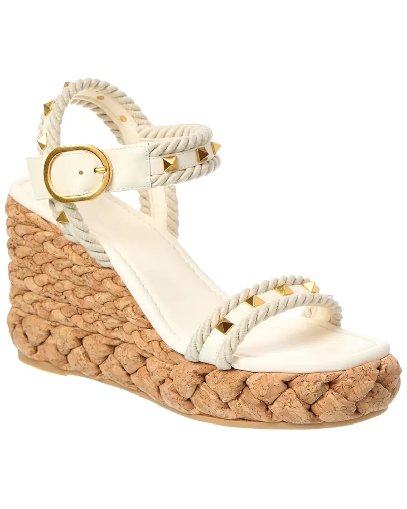 Valentino Garavani Rockstud 100 Leather Wedge Sandal White