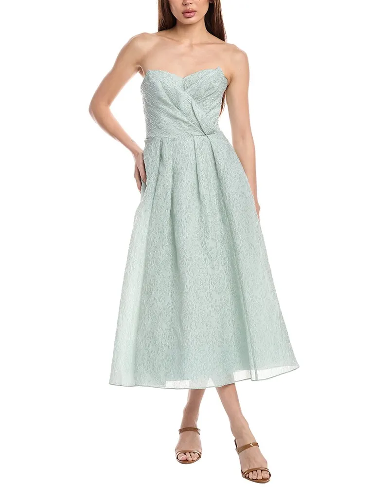 Marchesa Strapless Tea-Length Cloque Dress Green