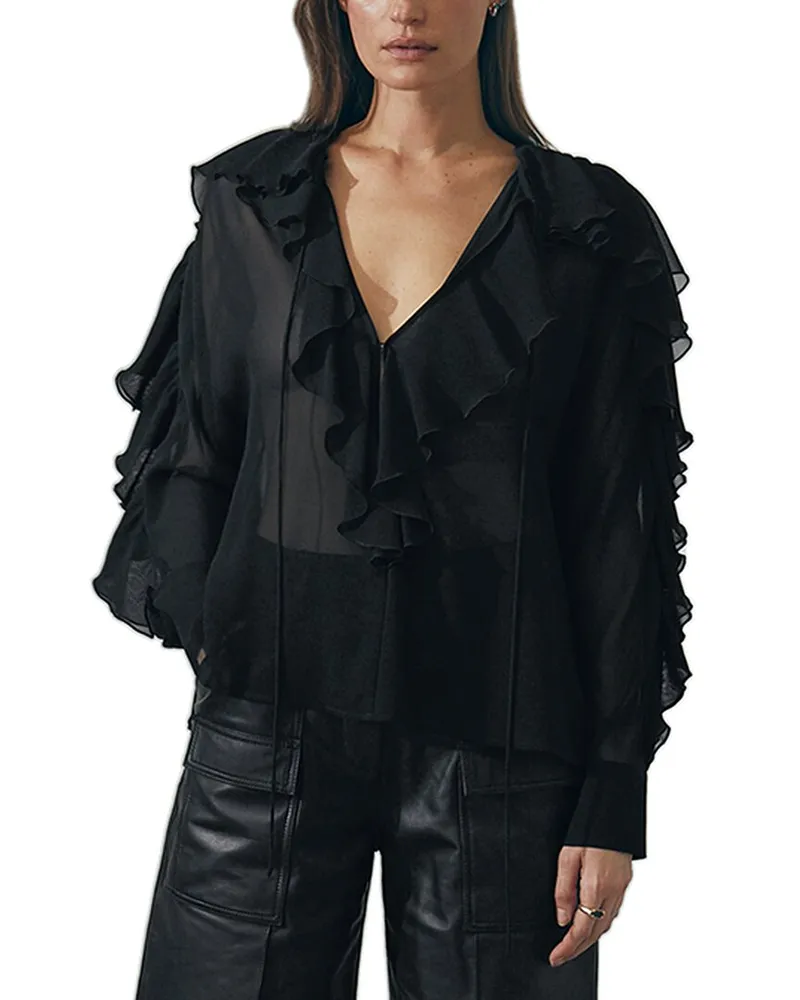 Reiss Kiani Ruffle Long Sleeve Silk Top Black