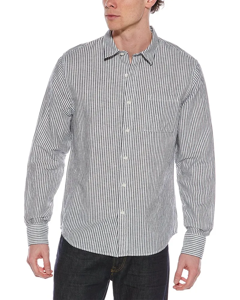 Vince Stripe Linen-Blend Button-Down Shirt Blue