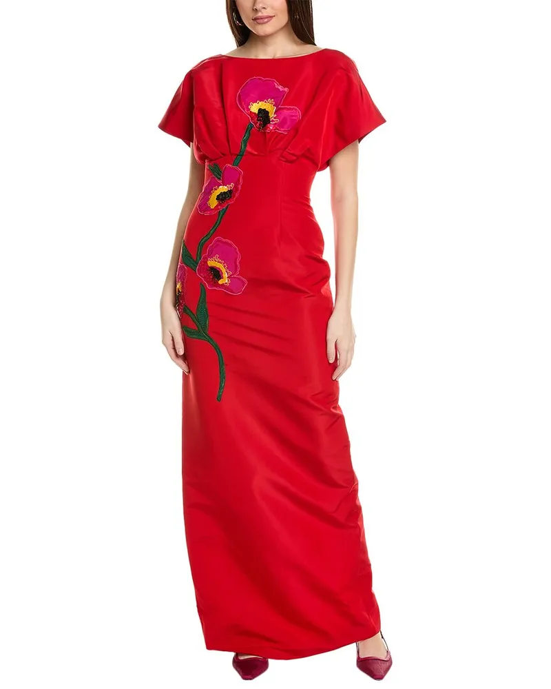 Carolina Herrera New York Fan Bodice Silk Column Gown Red