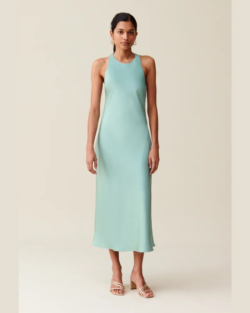 Claudie Pierlot Langes, satiniertes Kleid Wasser-grün