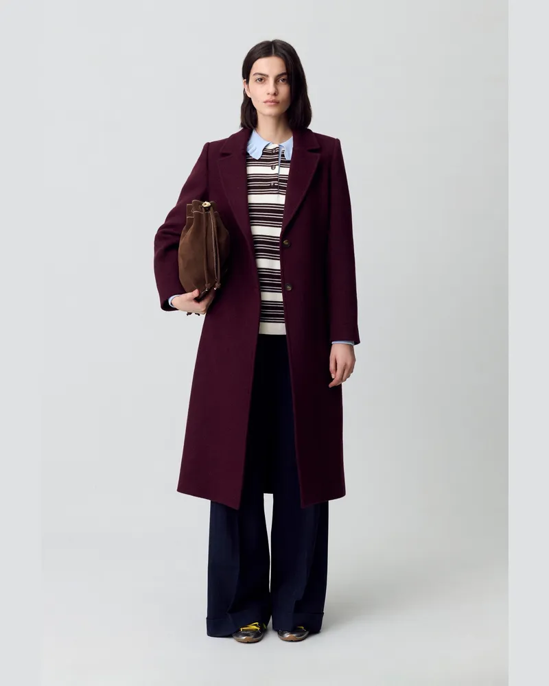 Claudie Pierlot Langer zweireihiger Wollmantel Bordeaux