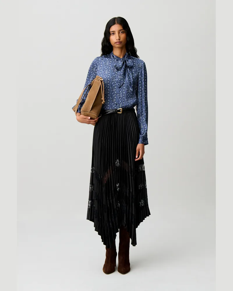 Claudie Pierlot Plissee-Rock aus Satin mit Spitze Schwarz