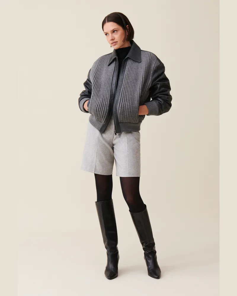 Claudie Pierlot Zweifarbig graue Lederbomberjacke Dunkel-grau