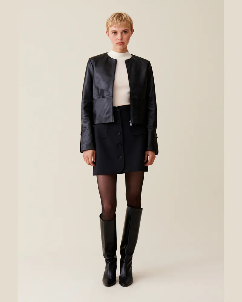 Claudie Pierlot Kurze Lederjacke, Rundkragen Schwarz