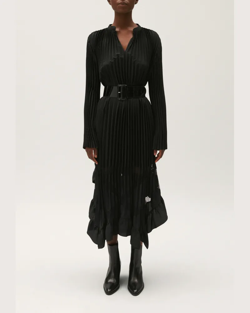 Claudie Pierlot Langes, plissiertes Kleid mit Volants Schwarz