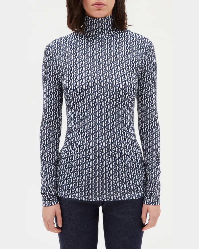 Claudie Pierlot Monogramm-T-Shirt mit Rollkragen, blau Heller