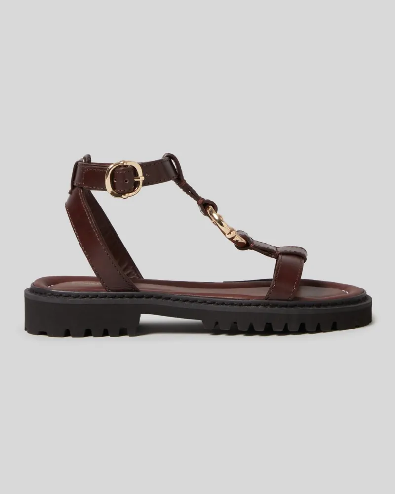 Claudie Pierlot Ledersandalen mit goldenem Ring Schokolade