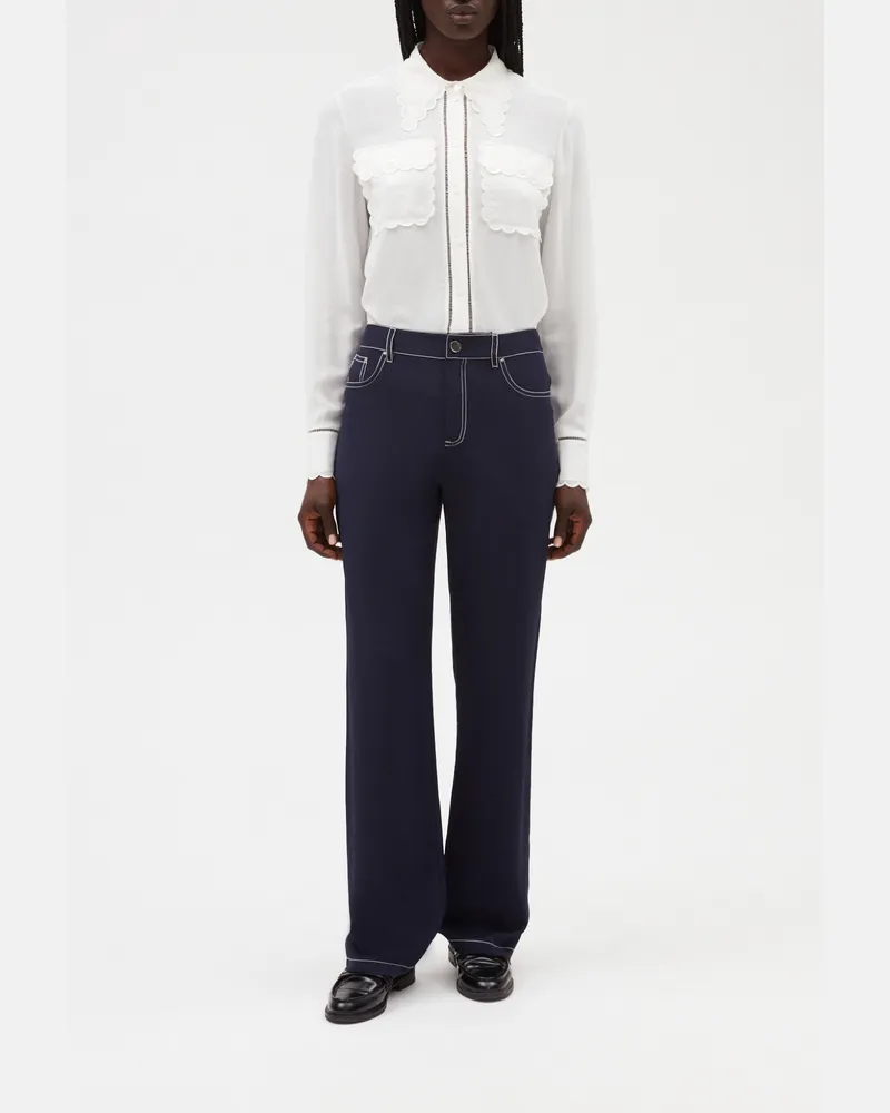 Claudie Pierlot Lange gerade Hose blaue Seide Tinte