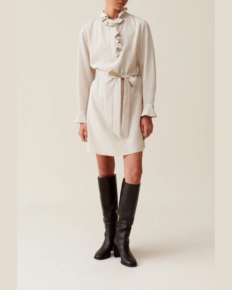 Claudie Pierlot Gestreiftes Kleid mit Rüschenkragen Beige