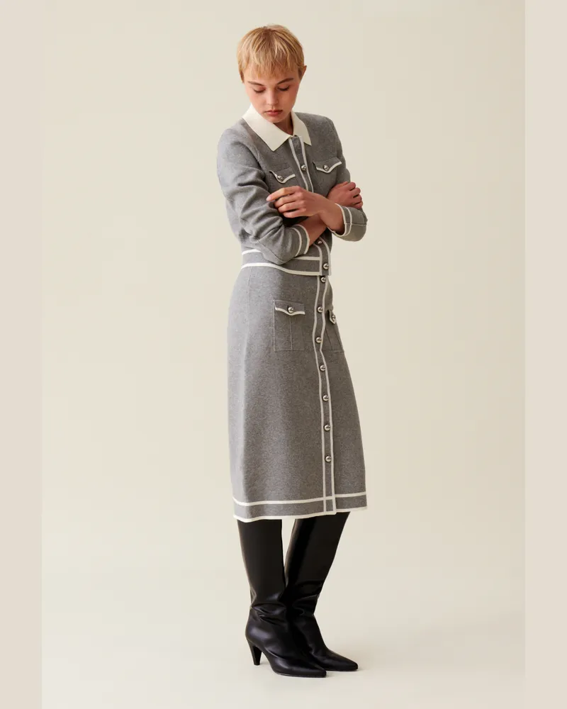 Claudie Pierlot Grauer knielanger Strickrock Zweifarbig