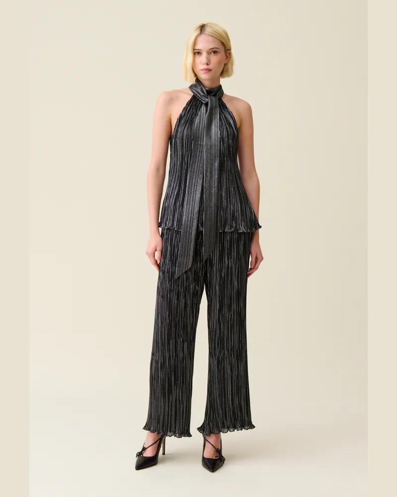 Claudie Pierlot Ärmelloses silbriges Plissee-Top Schwarz