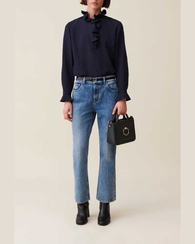 Claudie Pierlot Dunkelblaue gestreifte Rüschenbluse Marine