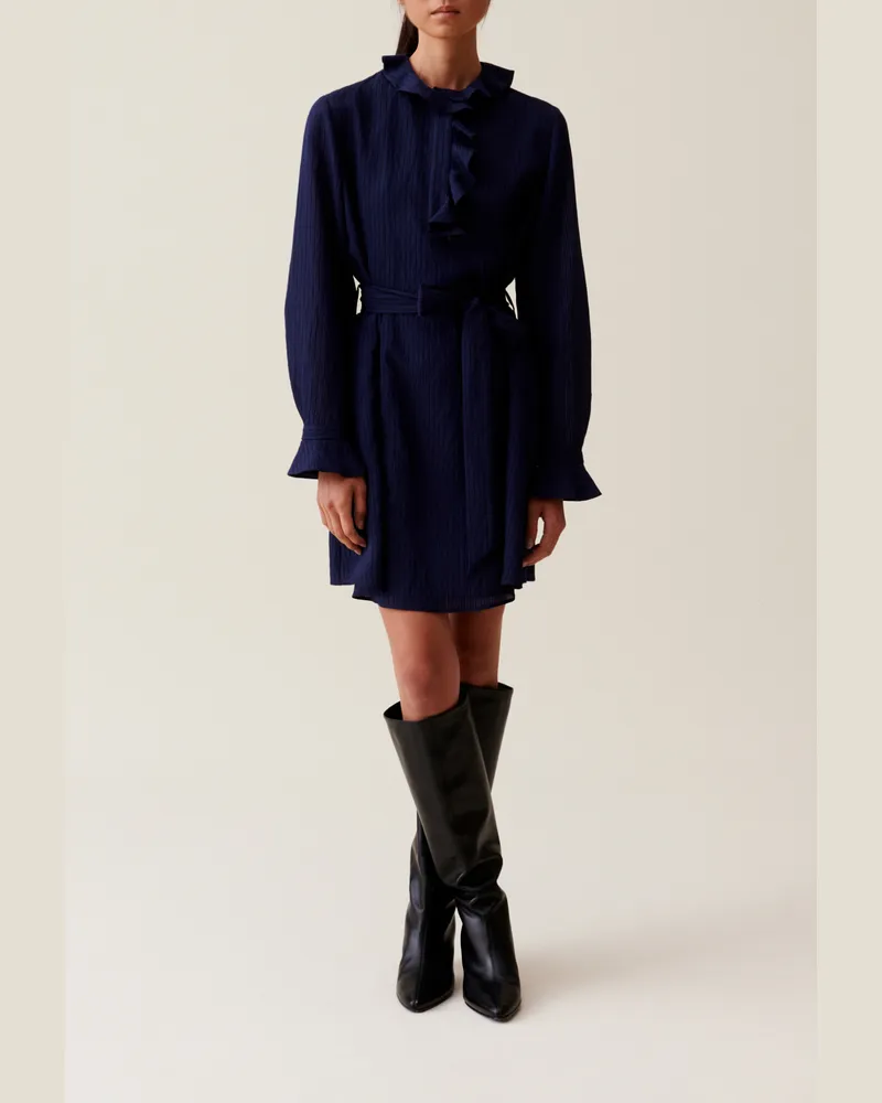 Claudie Pierlot Gestreiftes Kleid Rüschen Blau Marine