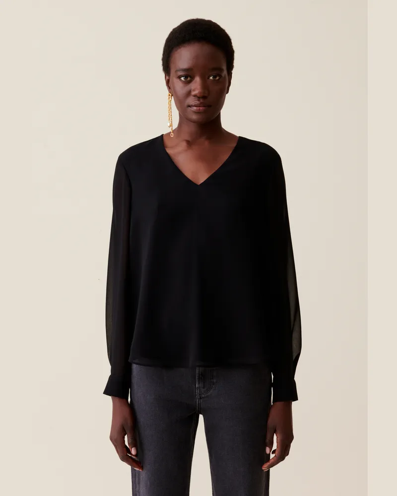 Claudie Pierlot Fließende Bluse mit V-Ausschnitt Schwarz
